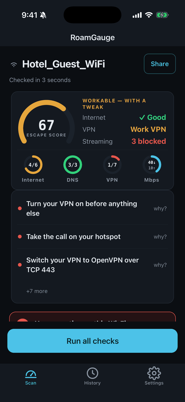 RoamGauge result on Hotel_Guest_WiFi: Escape Score 67, Workable with a tweak. Internet good, work VPN only, 3 streaming services blocked. Advice: turn your VPN on before anything else, take the call on your hotspot, switch your VPN to OpenVPN over TCP 443.
